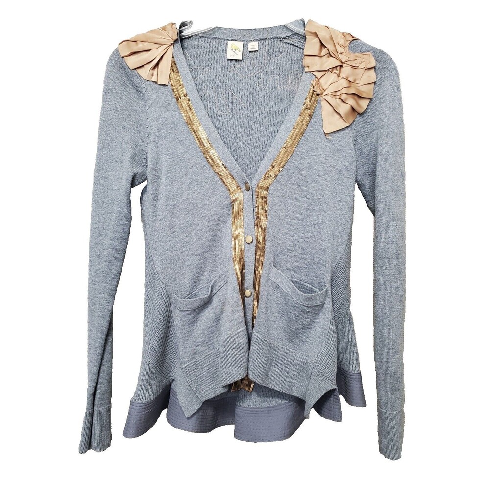 Anthropologie Gray Cardigan with Gold Trim and Beige Rosette Accents